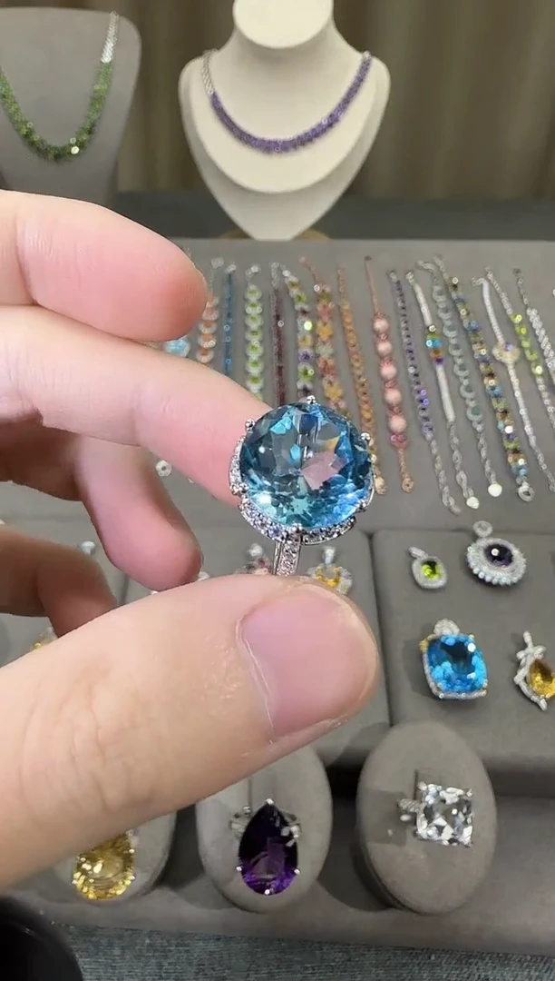 银S925镶嵌戒指托帕石12mm戒指简约款