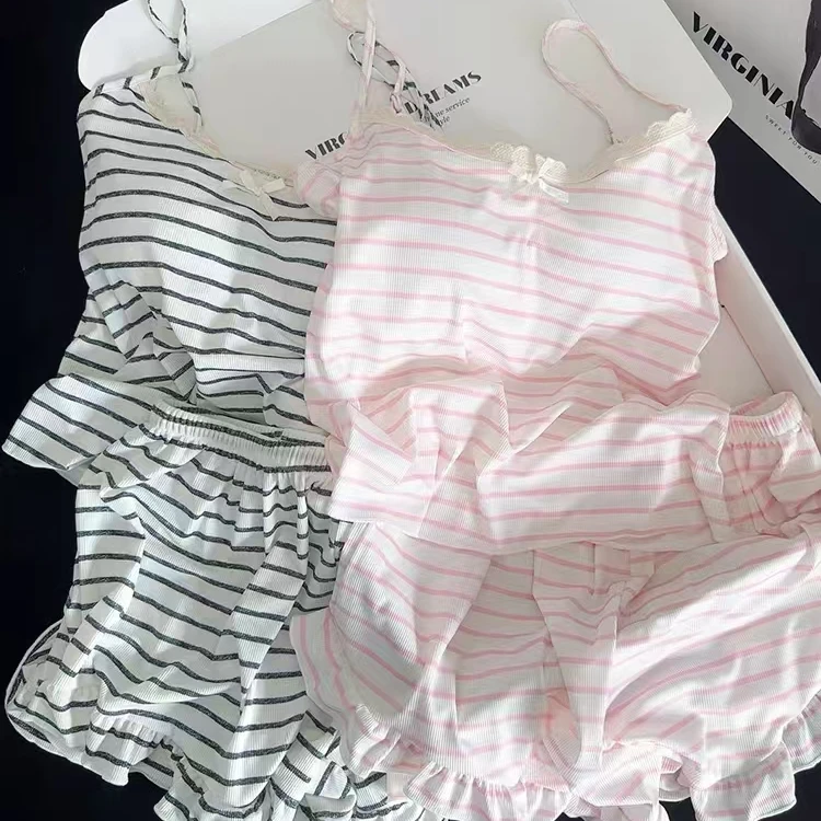 【DMXJ大梦想家】可爱少女感条纹吊带睡衣短裤夏季新款带胸垫家居服