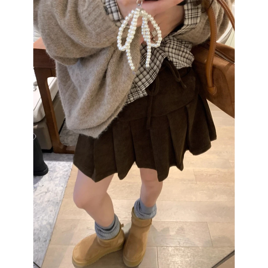 高端货~灯芯绒百褶半身裙女秋冬新款加厚复古高腰显瘦a字短裙子