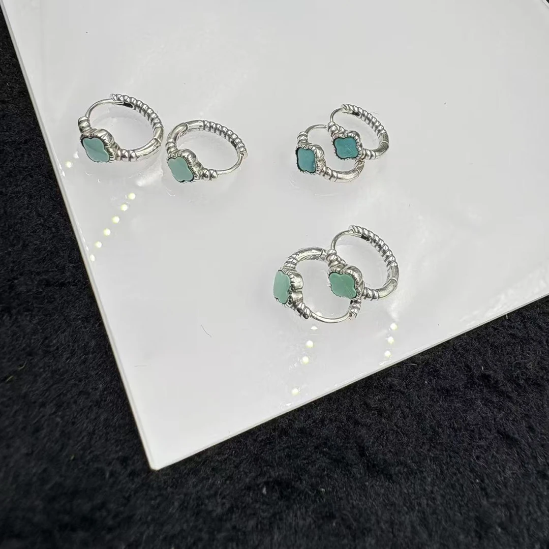 925银耳饰 「戴琴珠宝」DQ1302-银镶绿色四叶草耳环（多样性发其一