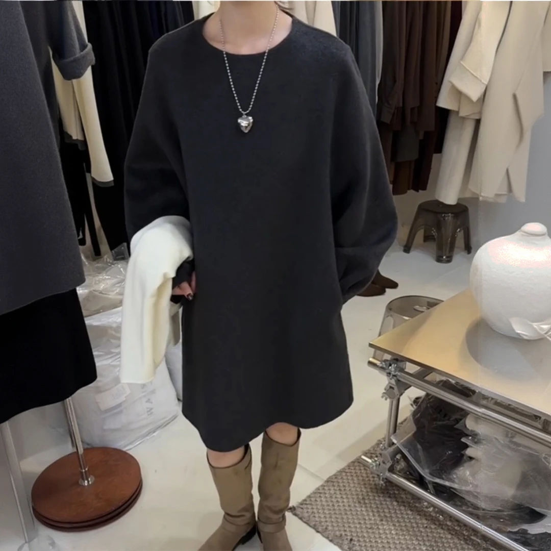 法式气质呢子连衣裙女冬季新款慵懒风宽松显瘦圆领加厚中长款裙子