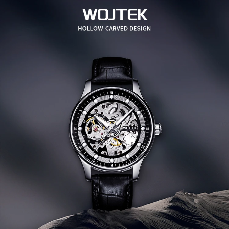 WOJTEK进口夜显系列 真皮表带镂空表盘 轻奢复古设计自动机械表yy