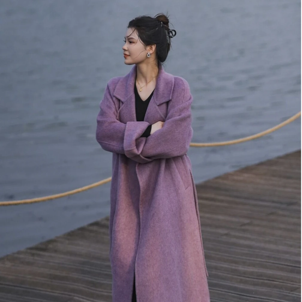 双面羊毛外套女秋冬宽松插肩袖韩版加厚紫色双面羊绒大衣拉绒大衣