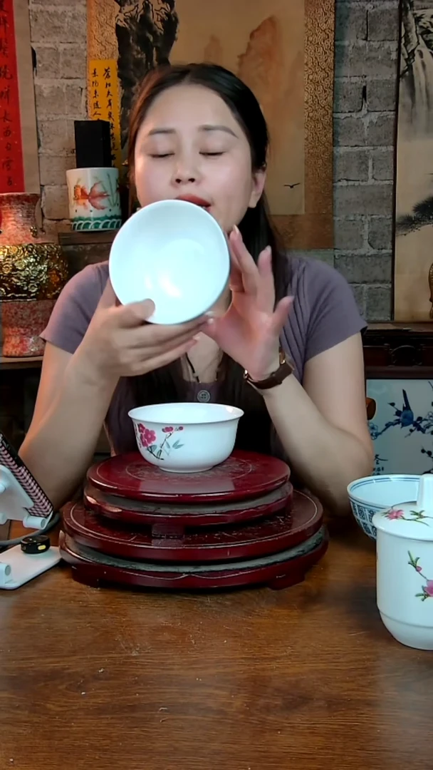 摆件景德镇陶瓷红梅对碗