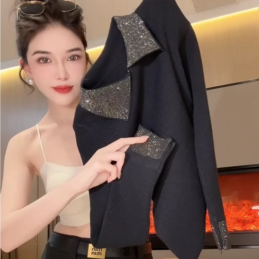 烫钻翻领针织打底衫女秋冬季2025新款内搭修身高级感长袖上衣