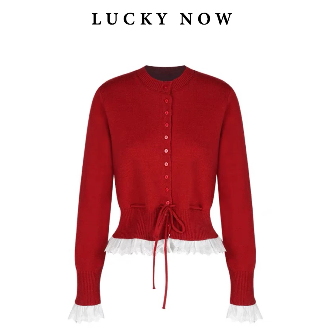 Lucky now · 洋气抽绳收腰花边新年毛衣开衫