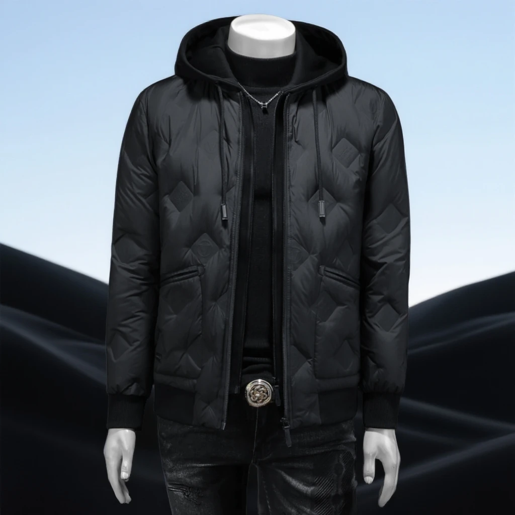 巴赛娜缇连帽暗花抽绳休闲羽绒服男秋冬男士青年厚外套大码羽绒衣