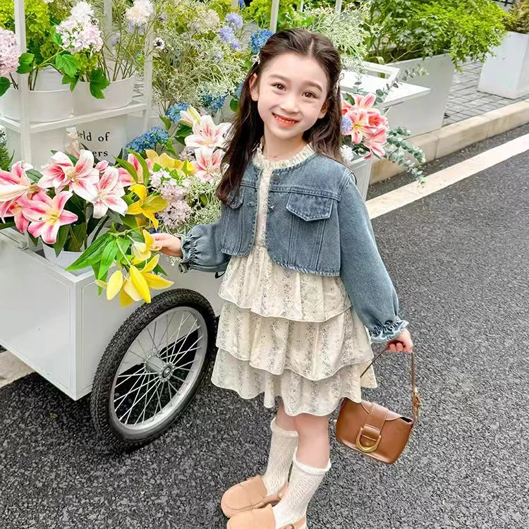 52127女童洋气宽松春秋季碎花长袖连衣裙2025新款牛仔外套裙子套