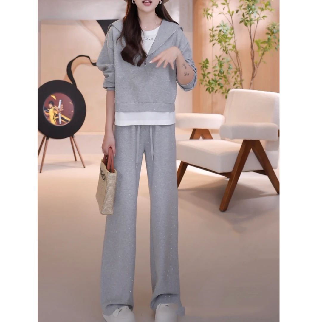 2025春季穿搭一整套烫钻假两件上衣休闲裤两件套时尚休闲简约套装