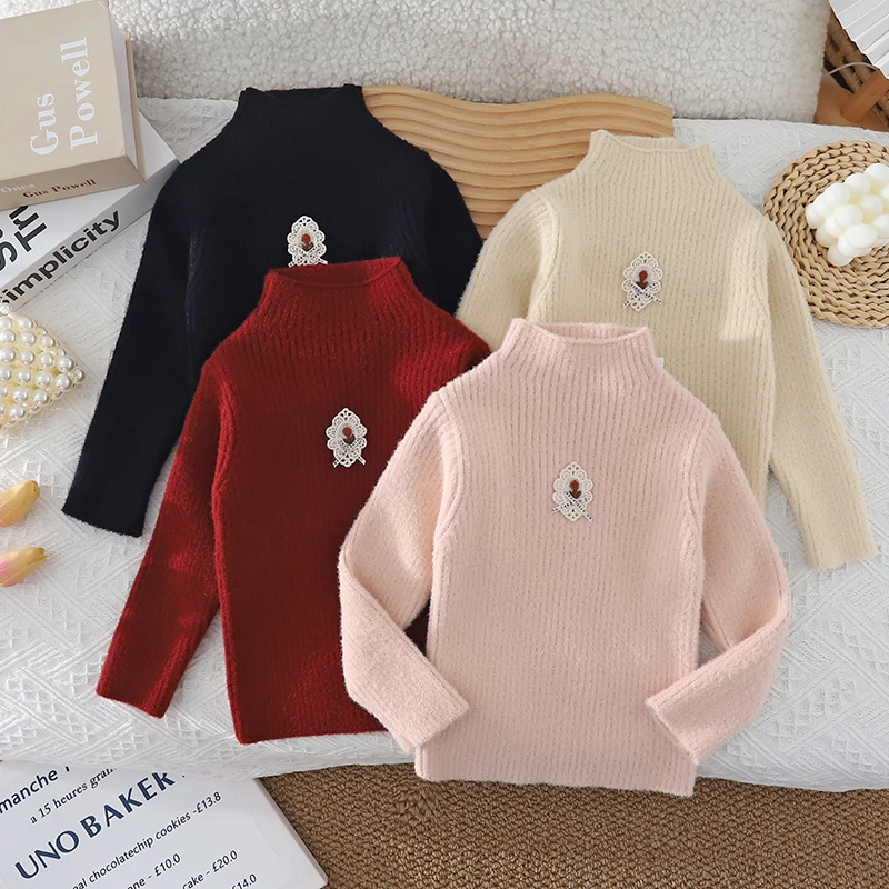 2025女童新款半高领针织精致花朵加厚保暖洋气儿童百搭修身打底衫