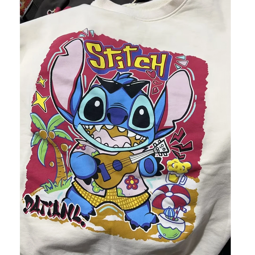 1609#蓝色史迪大腿怪套头宽松型中长款卫衣半袖印花长袖嘻哈圆领