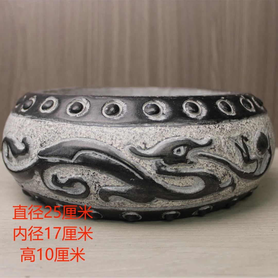 25CM双龙戏珠石盆| 客厅茶室会所桌面造景中式摆件