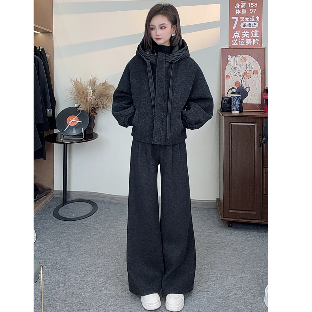 蔡小姐26冬季新款【毛呢棉外套+加绒加厚裤子】带帽时尚设计感套装