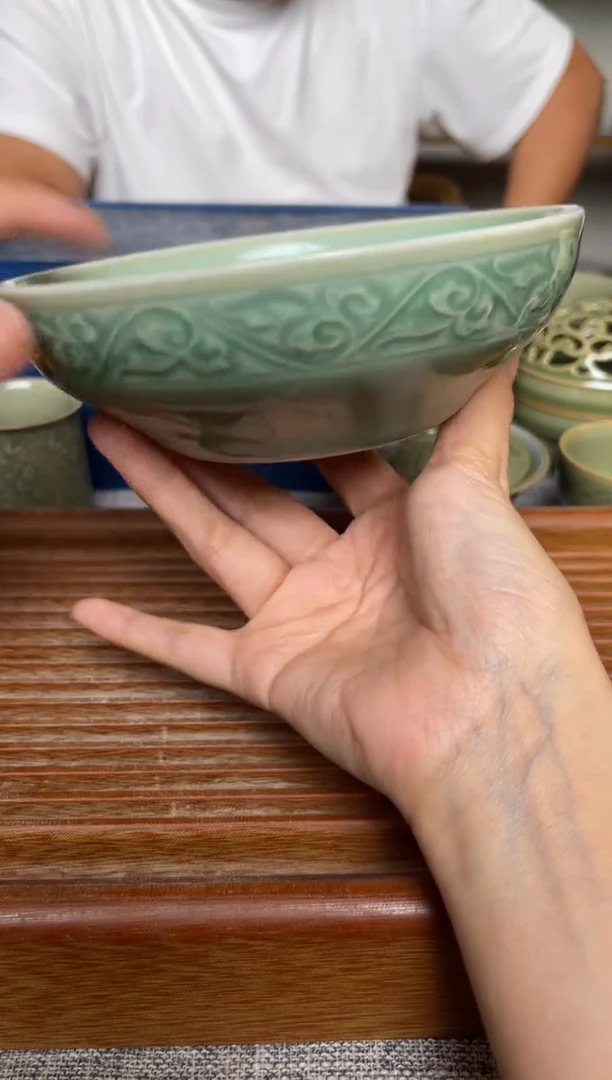 瓷器青瓷6英寸福字蒸碗 微瑕