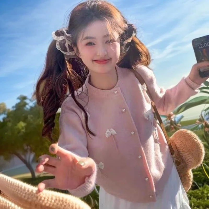 厂家直销春秋季甜美可爱圆领毛衣外套开衫女设计感小众针织衫上衣