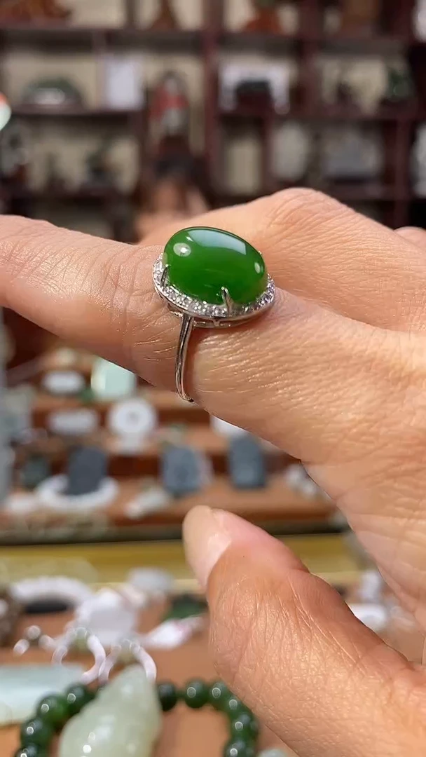 银S925镶嵌戒指和田玉（碧玉）和田玉碧玉戒指925银镶