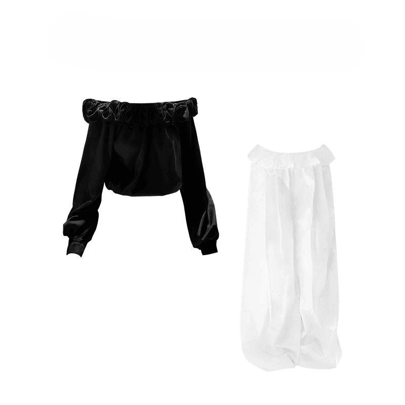 【现货秒发】高冷御姐早秋韩系一字肩花瓣设计长袖衬衫休闲阔腿裤女