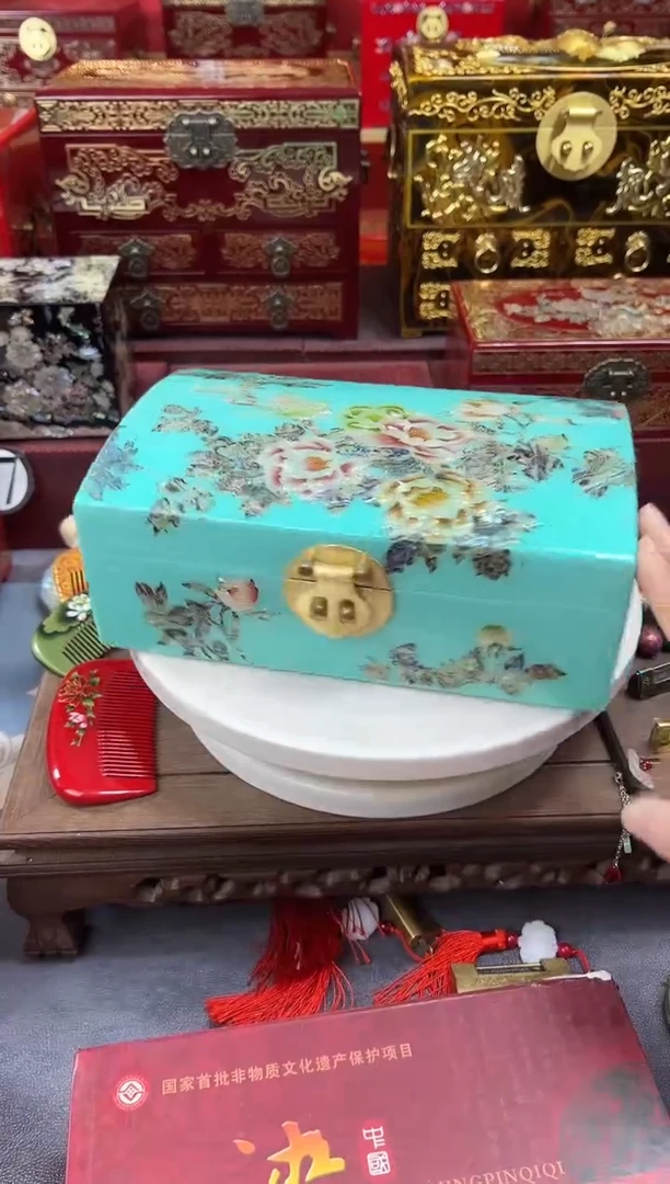 花*.24厘米双层高奢版螺钿镶嵌薄荷绿牡丹喜鹊