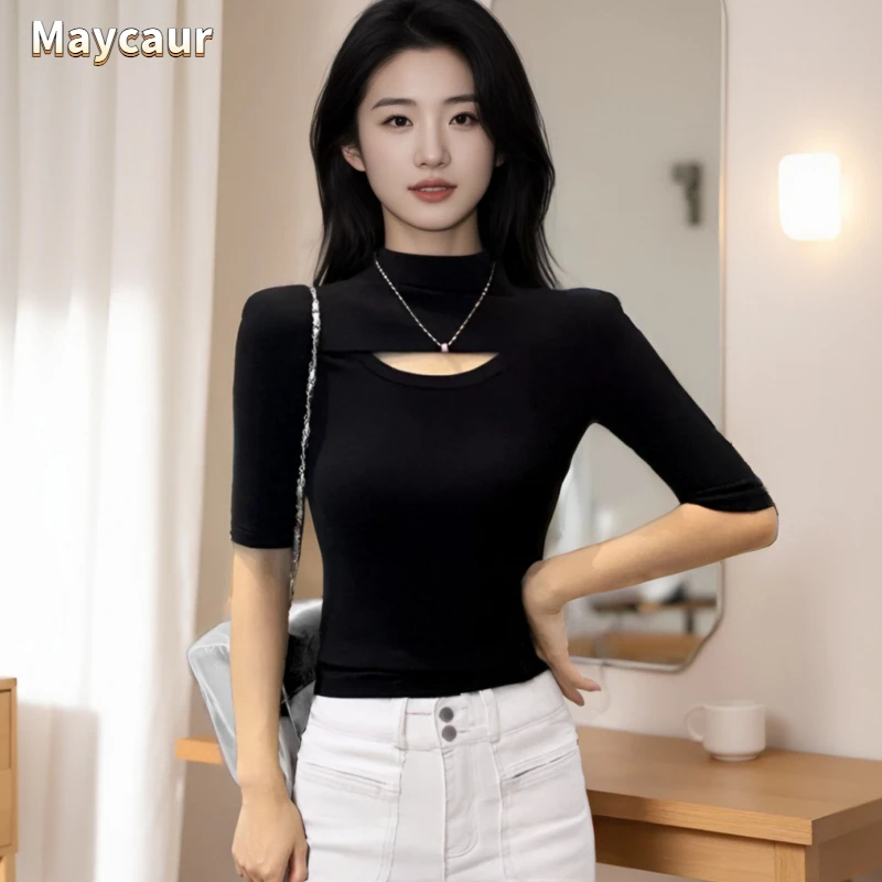 Maycaur半高领镂空螺纹螺纹T恤中袖显瘦圆领紧身黑色t恤半袖上衣