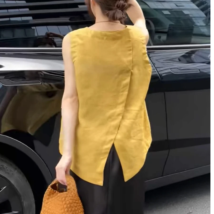 2025新款夏季设计感后背开叉圆领无袖衬衫女外穿宽松坎肩