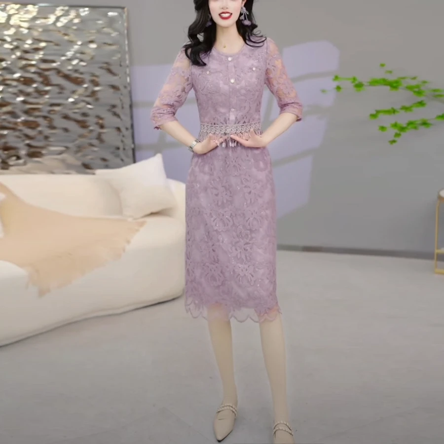 2025春夏时尚洋气女人味紫色显白显瘦百搭假两件中长连衣裙M-4XL