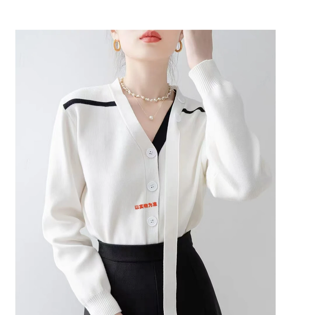 时尚洋气撞色针织开衫毛衣外套简约百搭设计感上衣4148