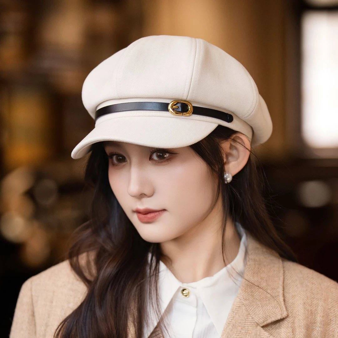 日系显脸小八角鸭舌帽女春秋复古贝雷帽休闲百搭画家帽鸭舌海军帽