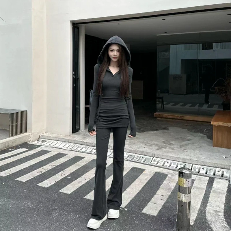 美式深灰色修身连帽卫衣套装女装春高腰微喇裤休闲裤两件套W1577