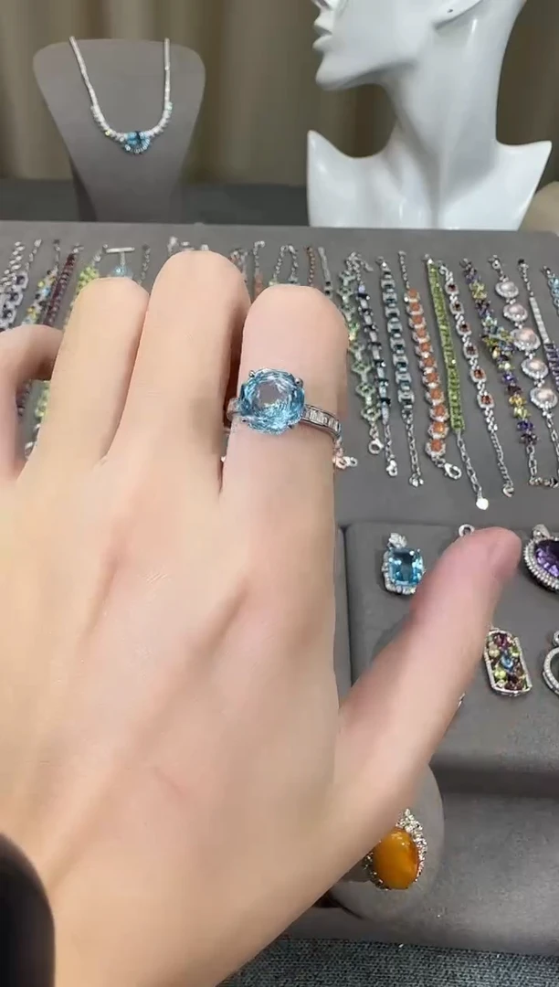 银S925镶嵌戒指托帕石10mm戒指玫瑰款