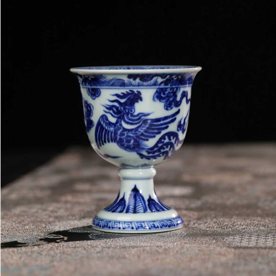 元黛工坊祥云双凤小高足杯家用陶瓷中式主人杯手绘釉下青全手工