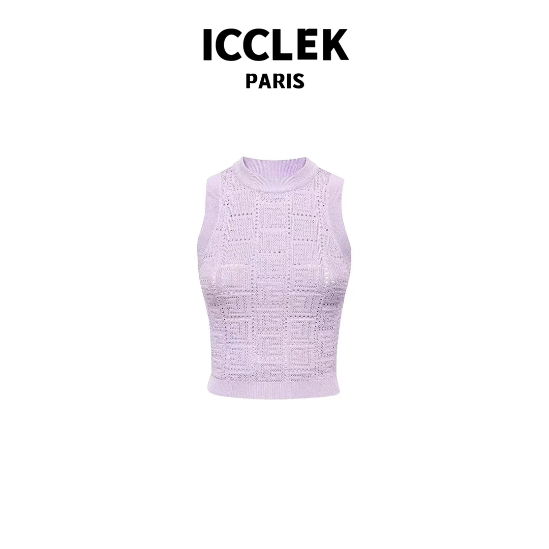 ICCLEK 紫色针织背心上衣百搭打底无袖显瘦气质通勤名媛短袖-2481