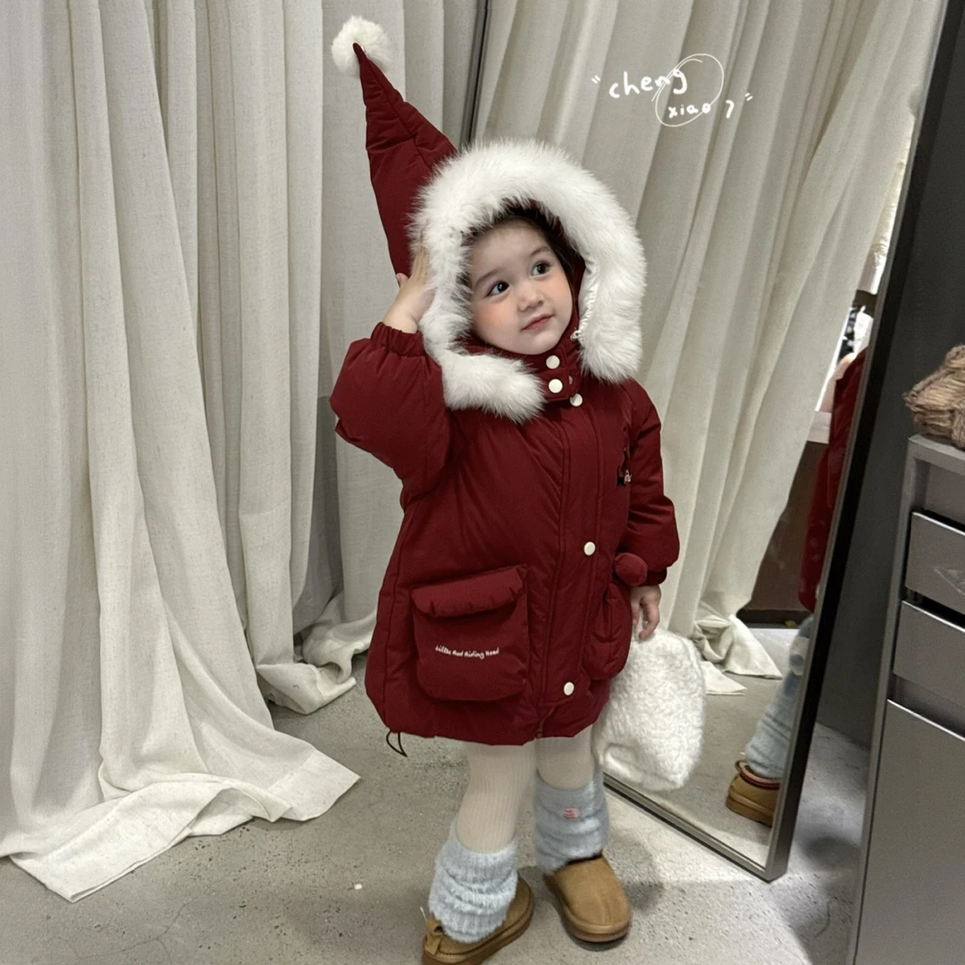 橙小七 5533冬款女童90绒红色精灵帽羽绒服中长款（汉服）