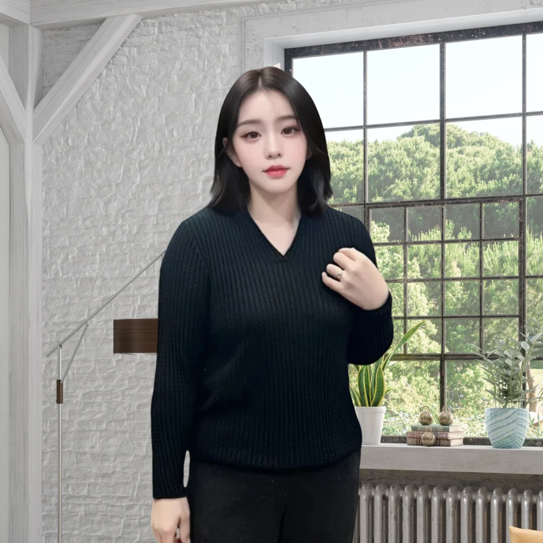 韩衣奇迹时尚显瘦百搭鸡心领秋冬长袖针织衫休闲洋气网红黑色上衣