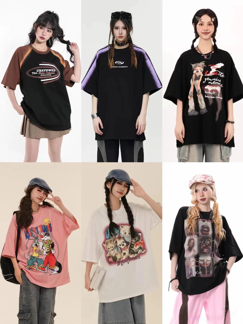 敏君家 夏季时尚休闲宽松百搭纯棉短袖T恤潮流港风韩版设计感