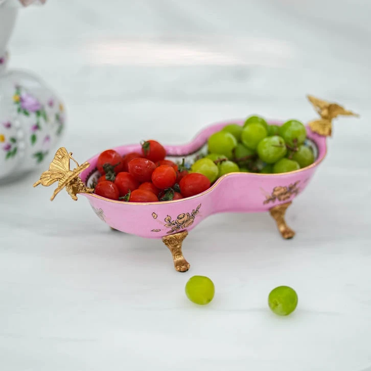 【奇居家饰】高温瓷配铜描金粉色花卉花生碟摆件#J-1028-H286