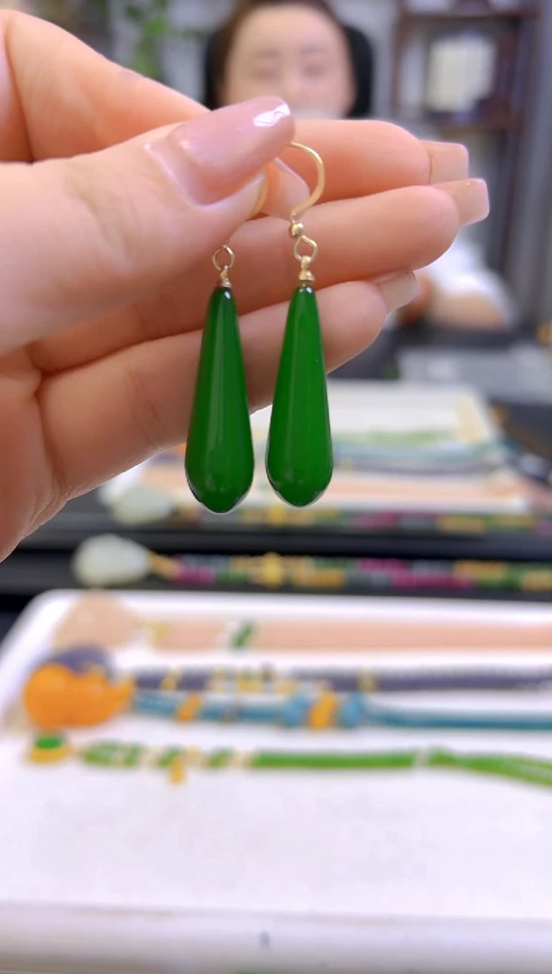 和田玉（碧玉）14K金镶嵌耳饰DIY款E74