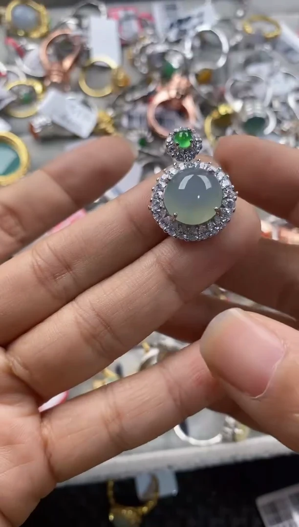银S925镶嵌戒指翡翠666---3