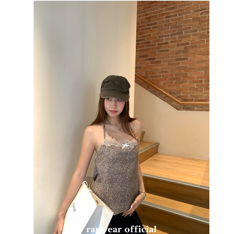 Ranwear 私服 招牌豹豹 小众复古豹纹蕾丝挂脖显瘦露背吊带背心