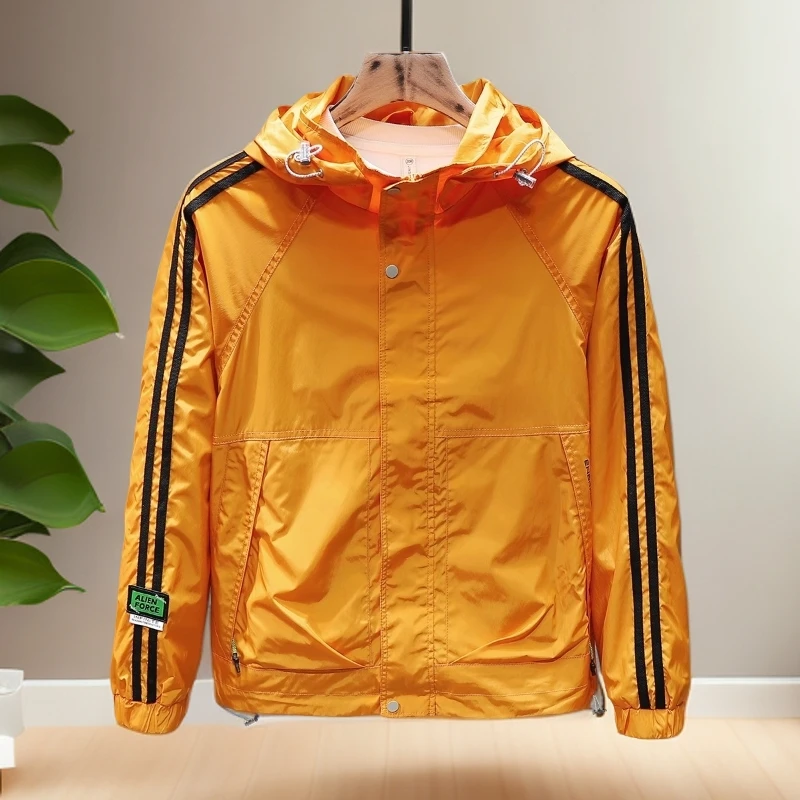 路约威格连帽外套男春秋新款条纹外穿防风衣潮牌宽松休闲工装夹克