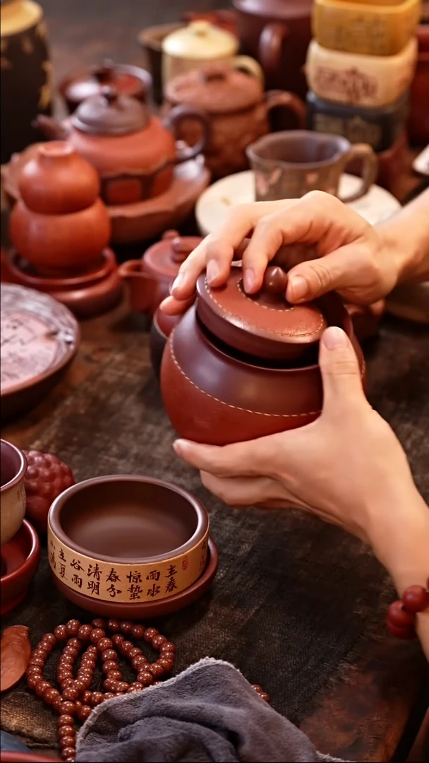 茶杯紫砂仿皮革茶叶罐（红）