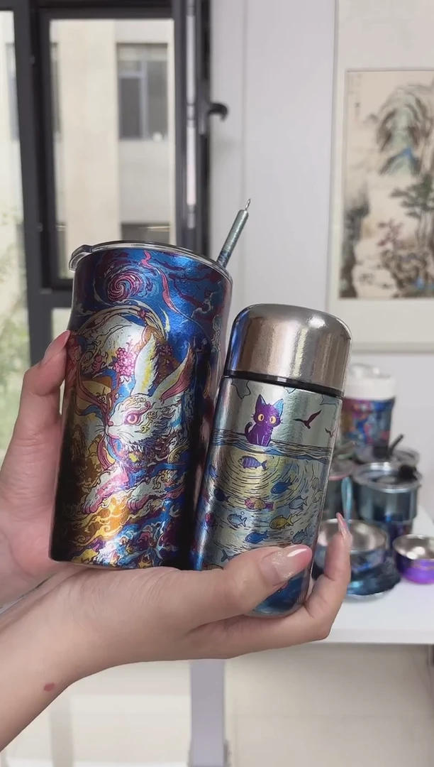 纯钛大啤酒杯 亮面兔子 + 雪豹吸管 + 230小猫鱼