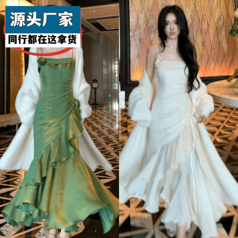 梵乐芬绮梦晚宴 不规则裙摆人鱼姬收腰战袍礼服吊带裙气质长款开