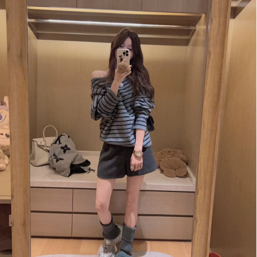 设计感条纹斜肩气质针织衫女秋冬2025新款韩版显瘦套头上衣气质潮