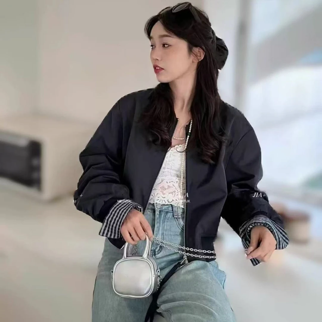 2515#25D02#2025早春新款百搭宽松显瘦洋气圆领棒球服外套开衫女