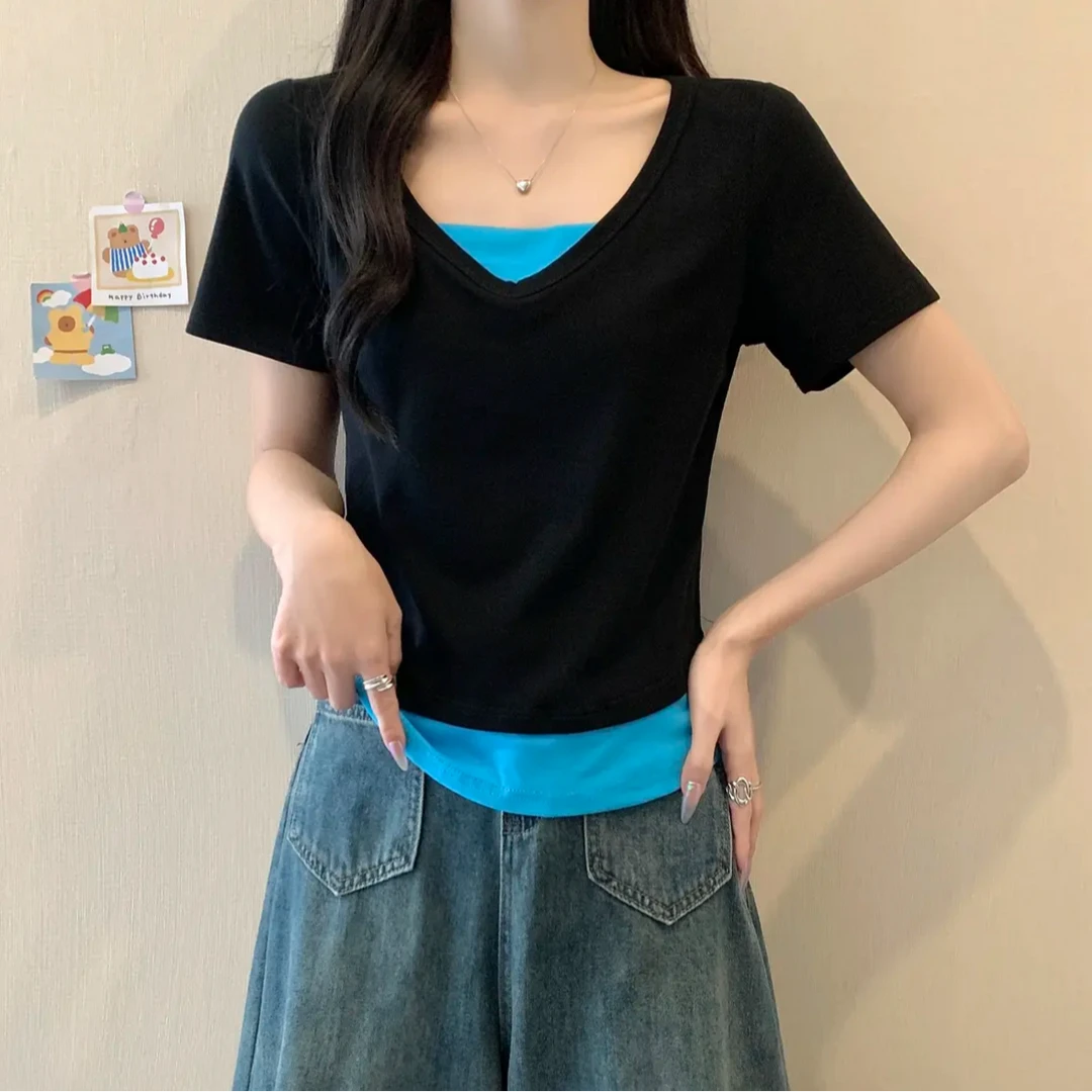 芷蕾大码2025年夏季新款假两件显瘦短袖T恤胖mm百搭拼接撞色上衣