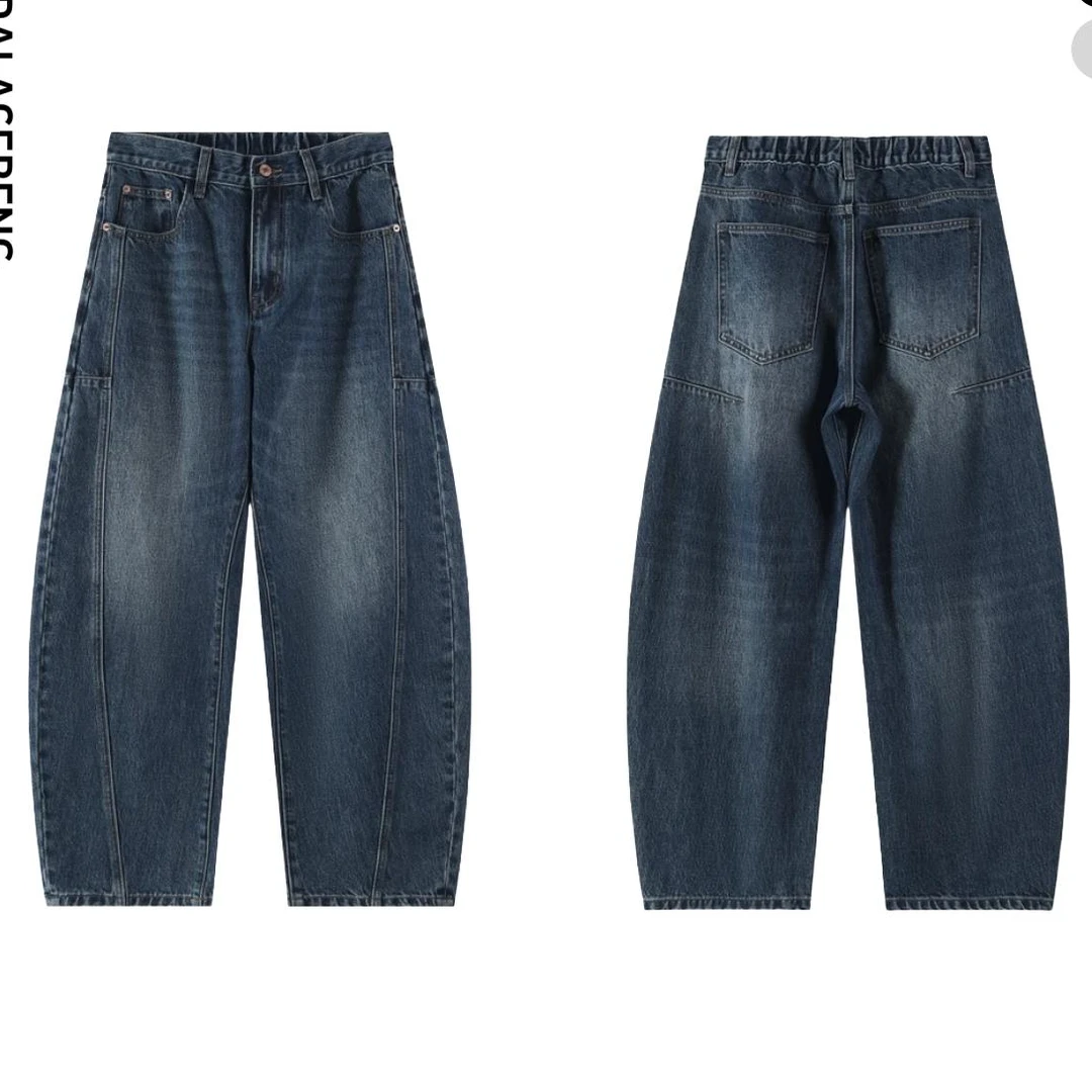 2025秋冬款直筒阔腿牛仔裤定染石磨洗时尚复古茧型舒适弯刀牛仔裤
