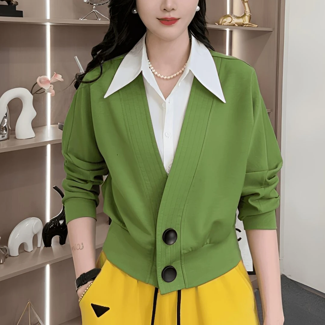 春款设计款时尚假两件翻领气质休闲显瘦长袖