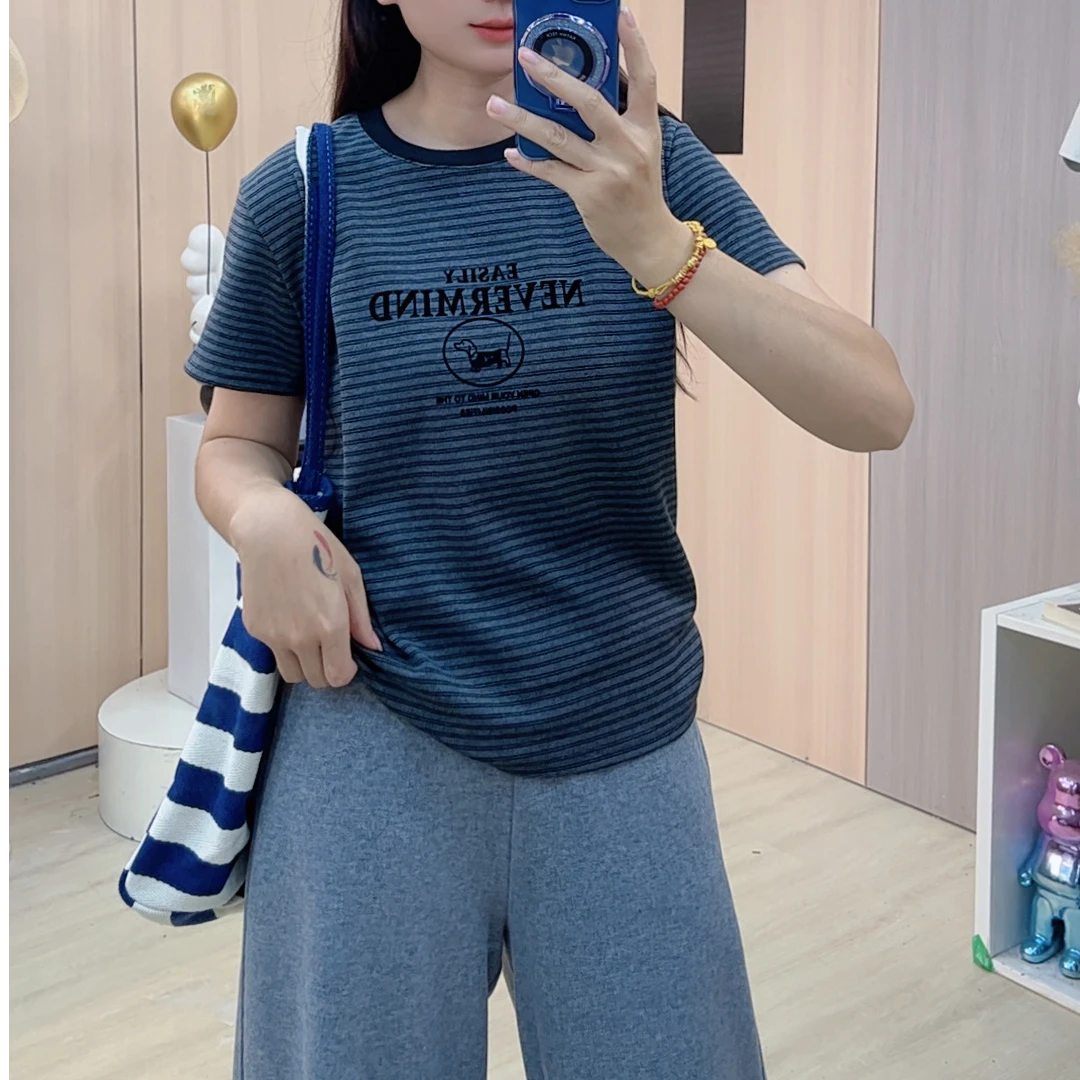 2025秋季新款韩版宽松条纹短袖T恤女装圆领百搭上衣B207