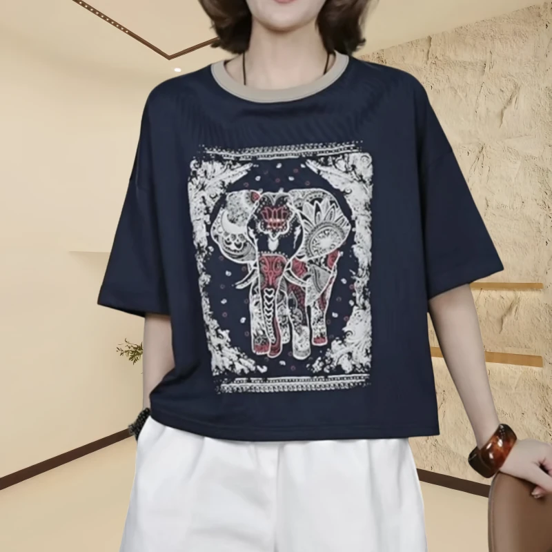 复古印花正肩短袖t恤女2024新款夏季简约休闲百搭宽松减龄薄上衣