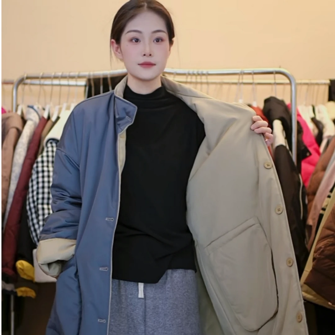 女装双面长款棉服加厚冬季